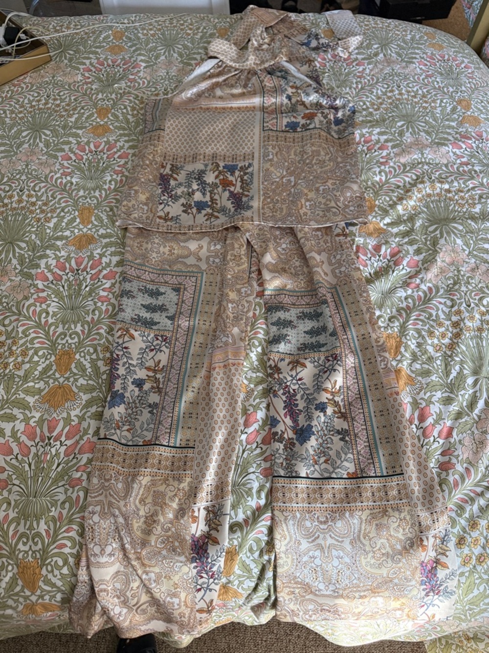 Rachel Zoe Cream Satin shirt and pant set with Blue, Green and Pink Floral Print